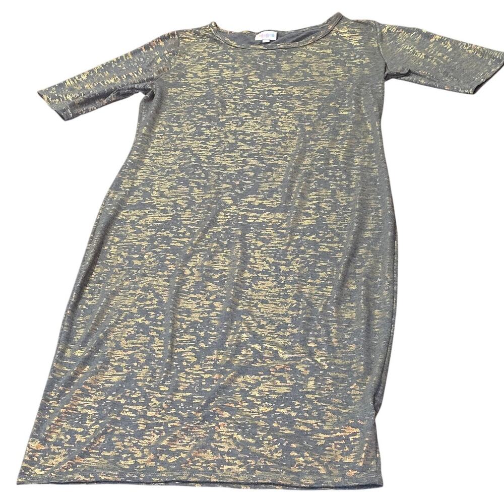 LuLaRoe Carly Dress Gray & Metallic Gold Foil Limited Edition Short Sleeve Dress - Picture 11 of 12